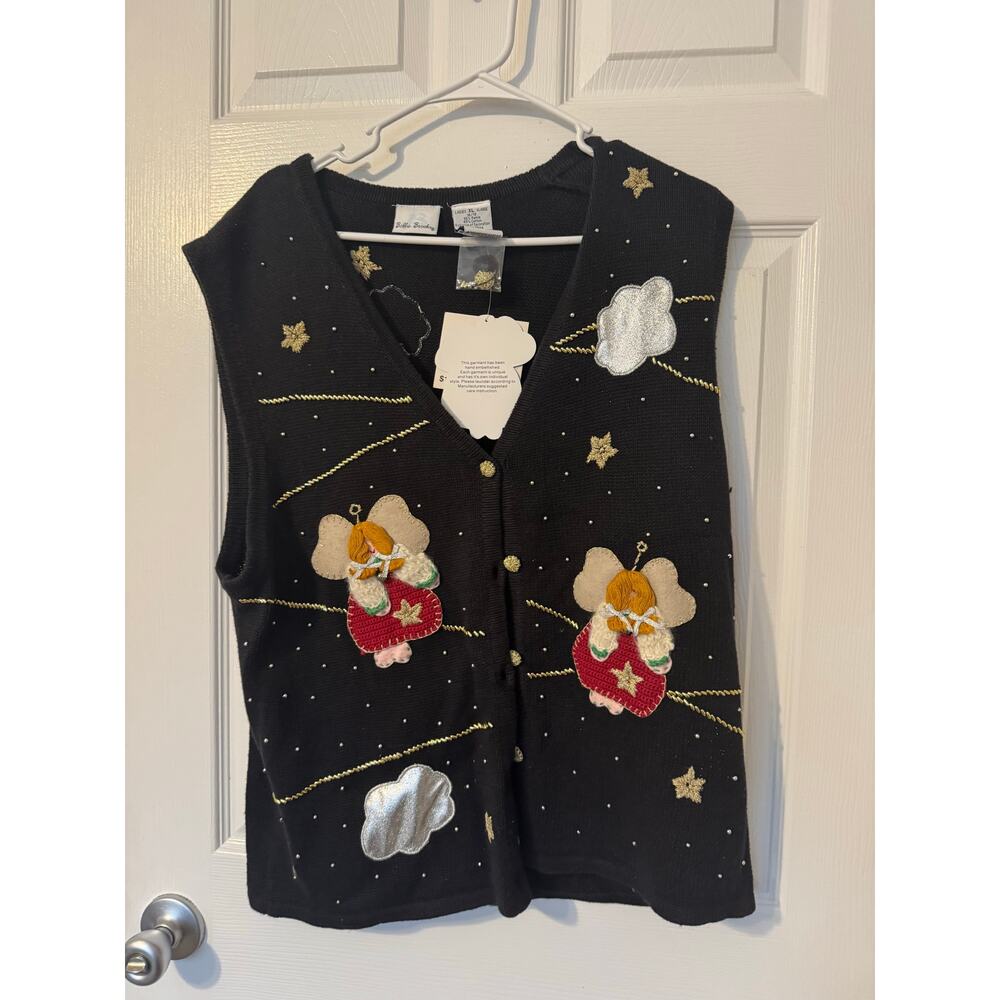 NWT Bobbie Brooks Angel Gold and Black Sweater Vest Cardigan Christmas Sz: XL